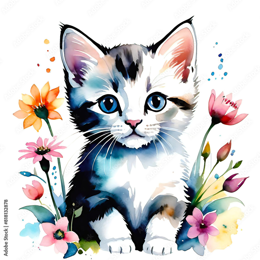 watercolor illustration, cute fluffy kitten surrounded by flowers, art background for design, giclee for interior, background for smartphone,