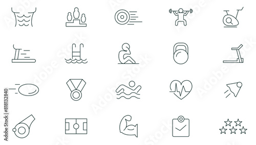 Sport, gym and fitness line icons set. Healthy lifestyle, weight training, body care, physical activity outline icons collection. Thin outline icons pack
