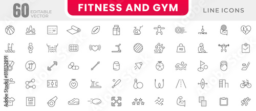 Sport, gym and fitness line icons set. Healthy lifestyle, weight training, body care, physical activity outline icons collection. Thin outline icons pack