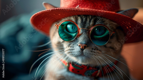 A cat wearing sunglasses and a red hat, looking stylish. photo