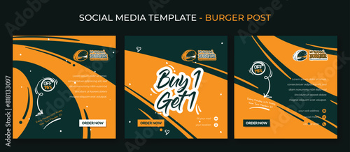 Social media post template in square design with abstract green orange background and burger design