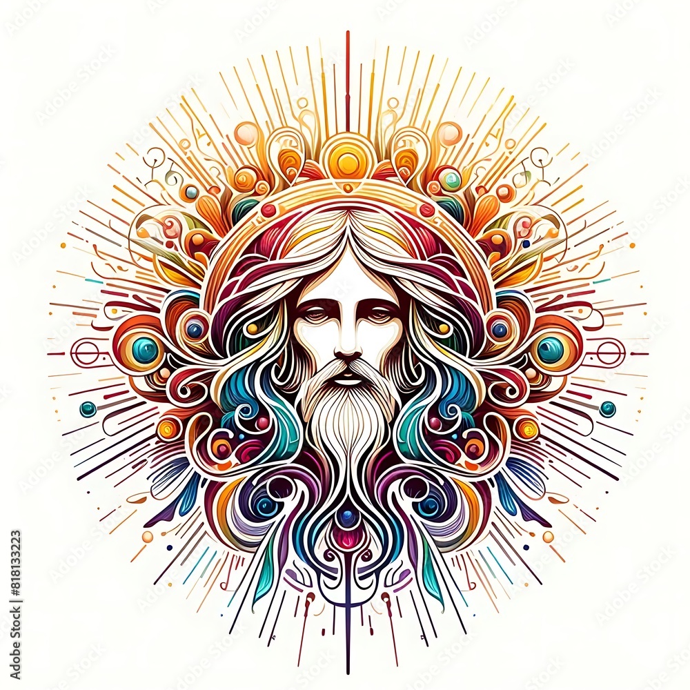 A colorful drawing of a Jesus christ with a beard has illustrative realistic meaning used for printing