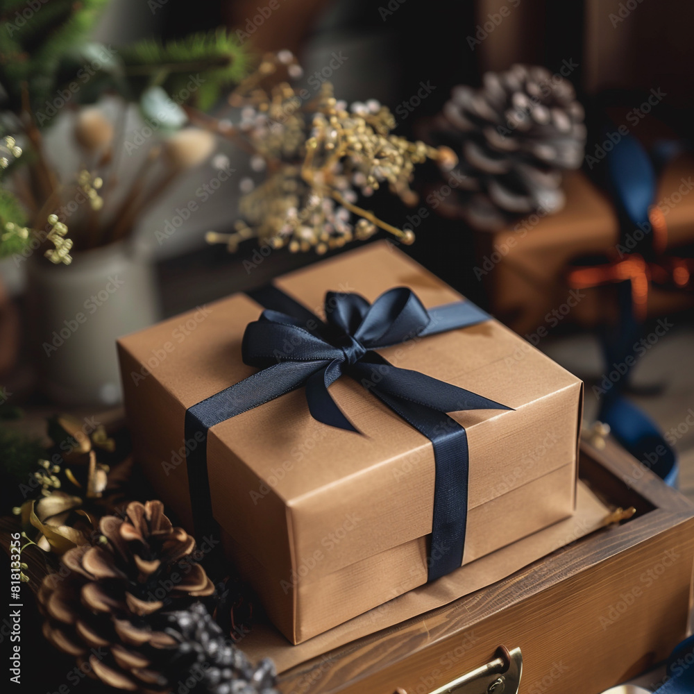 A square brown gift box with a dark blue ribbon on a table A square brown gift box with a dark blue ribbon on a table