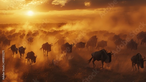 A vast expanse of wildebeest crossing a dusty plain their hooves kicking up clouds of dust in their wake.