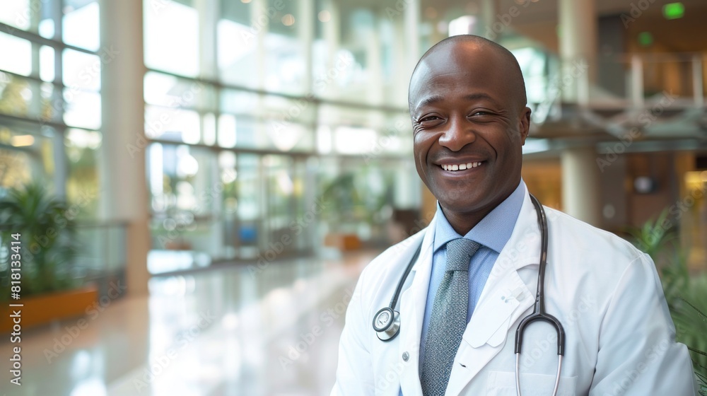 Portrait of a hopeful and smiling male doctor wearing a stethoscope, with a hospital lobby background Portrait of a hopeful and smiling male doctor wearing a stethoscope, with a hospital lobby background