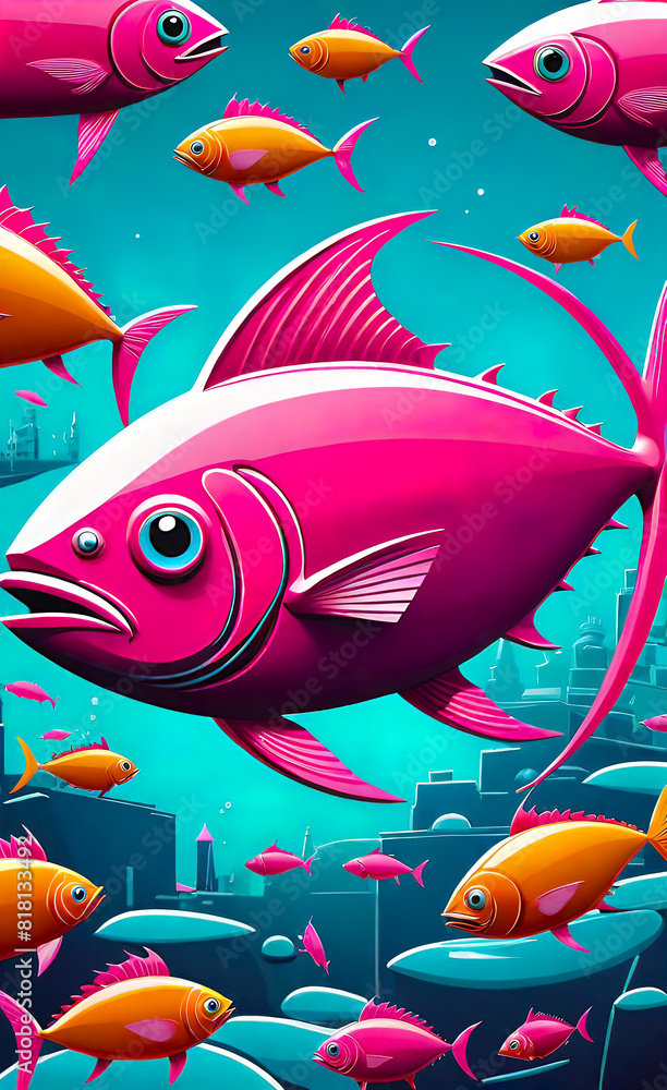 Fototapeta premium Pink tuna, vector illustration, Pop art deco style, Street art, giclee for interior, background for smartphone,