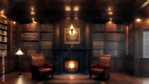Library room with fireplace and reading area