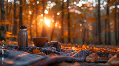 An outdoor scene in an autumn forest, with a plaid blanket spread out, a thermos of hot herbal tea, and a cup resting on a log, surrounded by fallen leaves and the warm glow of the
