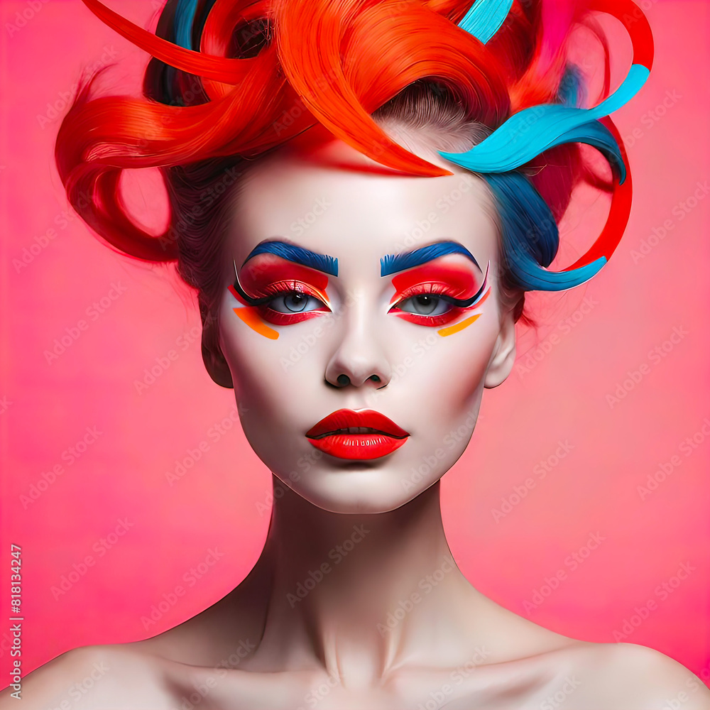 Silhouette portrait of a girl model with graphic markers, ultra bright neon lines on the face with bright red eyelashes and lips, text space, Surreal fashion concept. Silhouette portrait of a girl model with graphic markers, ultra bright neon lines on the face with bright red eyelashes and lips, text space, Surreal fashion concept.