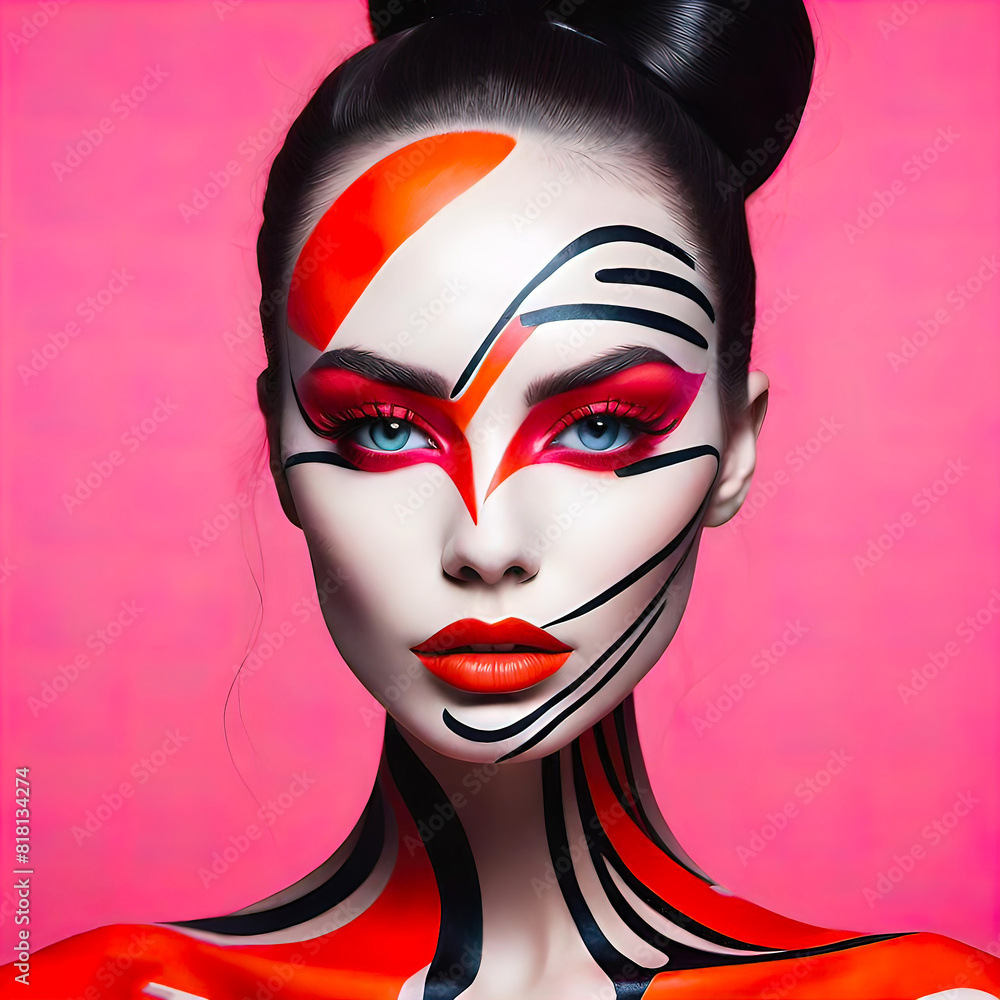 Silhouette portrait of a girl model with graphic markers, ultra bright neon lines on the face with bright red eyelashes and lips, text space, Surreal fashion concept. Silhouette portrait of a girl model with graphic markers, ultra bright neon lines on the face with bright red eyelashes and lips, text space, Surreal fashion concept.