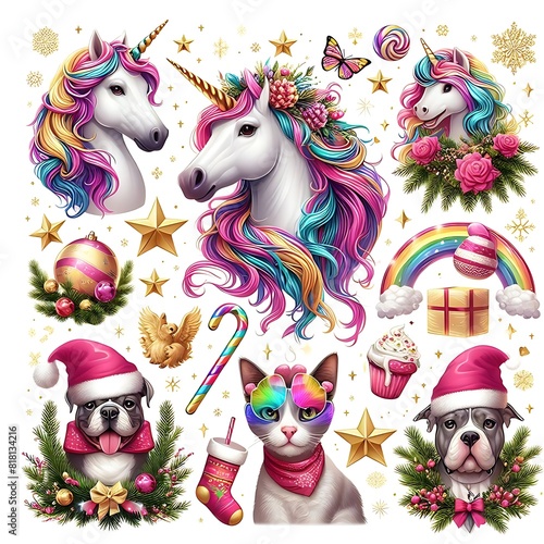 A collection of unicorns and cats lively has illustrative lively realistic.