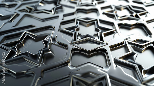 Bold Black and Silver Islamic Tiles A modern 3D realistic design of black and silver Islamic tiles, featuring intricate geometric patterns on a white background.