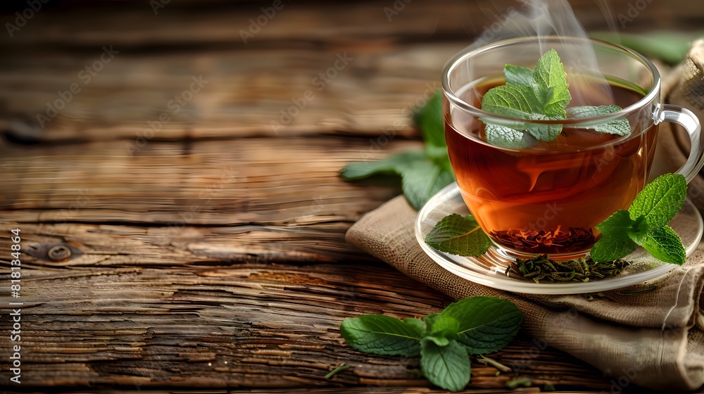 Steaming cup of green tea with fresh mint leaves for a refreshing herbal drink Steaming cup of green tea with fresh mint leaves for a refreshing herbal drink