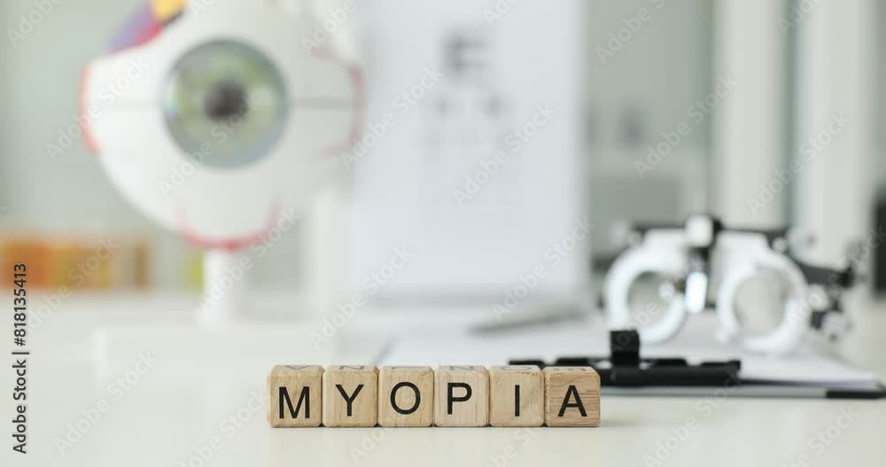 Word Myopia made of wooden cubes against glasses for selection lenses and large model of eyeball on white table in clinic. Ophthalmological diagnosis Word Myopia made of wooden cubes against glasses for selection lenses and large model of eyeball on white table in clinic. Ophthalmological diagnosis