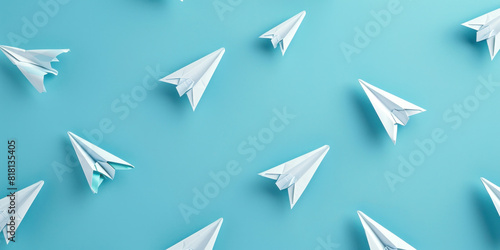 Group of multiple white paper airplanes flying in the sky on a light blue background  3d ing