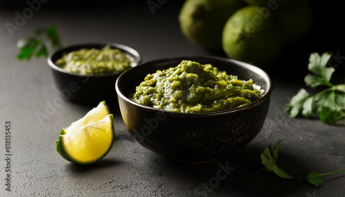 Bowl of delicious green salsa Verde sauce on dark table. Fresh and tasty semi-solid food. Close-up.
