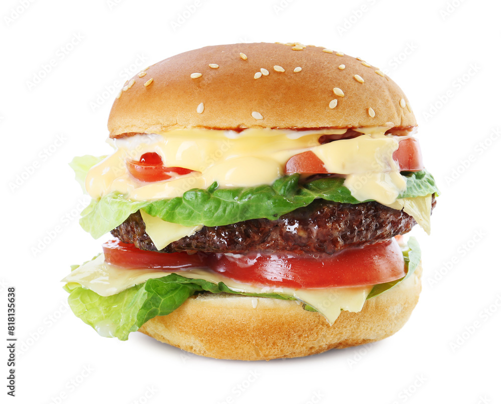 Burger with delicious patty isolated on white Burger with delicious patty isolated on white