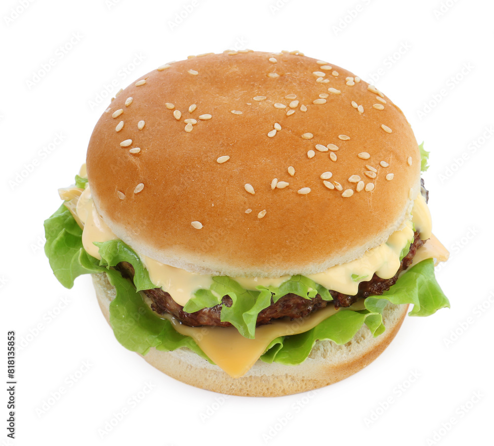 Delicious cheeseburger with lettuce, sauce and patty isolated on white Delicious cheeseburger with lettuce, sauce and patty isolated on white