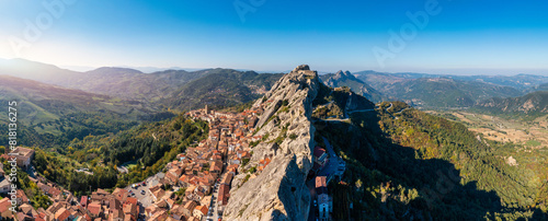 Cityscape aerial view of medieval city of Pietrapertosa, Italy. View of Pietrapertosa town in the Lucanian Dolomites in Italy. Pietrapertosa village in Apennines Dolomiti Lucane. Basilicata, Italy. photo