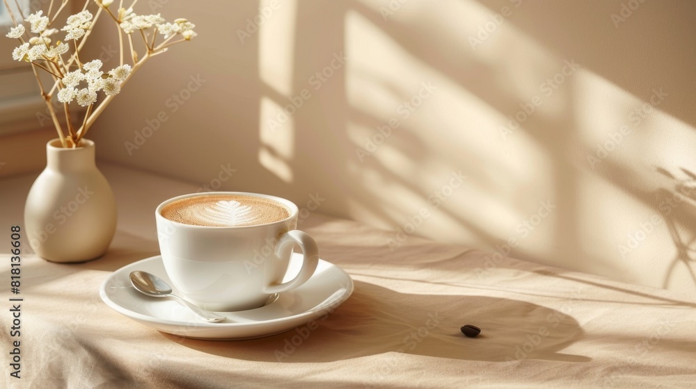 Artistic shot of a coffee cup with frothy milk and a spoon on a saucer, set against a modern, minimalist background Artistic shot of a coffee cup with frothy milk and a spoon on a saucer, set against a modern, minimalist background