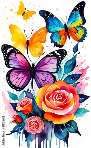 watercolor illustration  bright neon roses and butterflies  text space  art background for design  giclee for interior  background for smartphone 