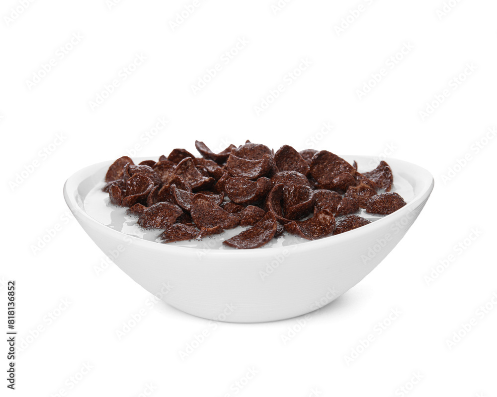 Breakfast cereal. Chocolate corn flakes and milk in bowl isolated on white Breakfast cereal. Chocolate corn flakes and milk in bowl isolated on white