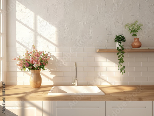 Sunlit rustic kitchen featuring a stylish white sink  vintage faucet  and fresh flowers by a window