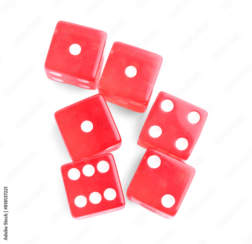 Many red game dices isolated on white, top view Many red game dices isolated on white, top view