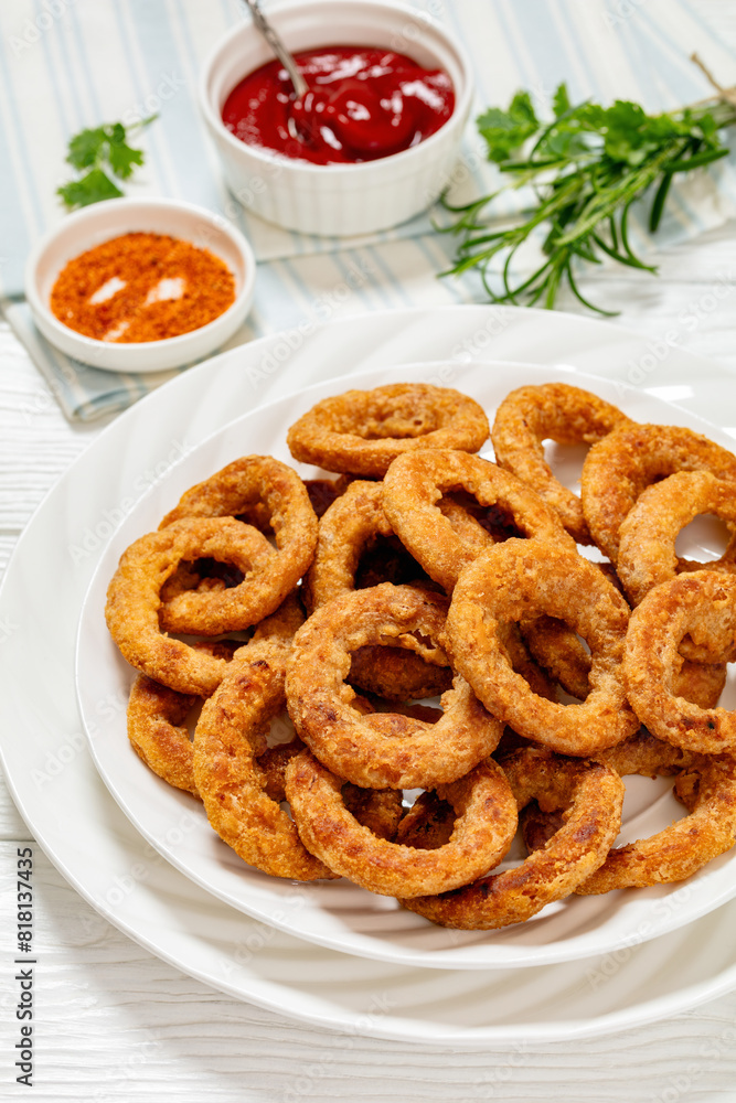 deep fried crispy onion rings on white plate deep fried crispy onion rings on white plate