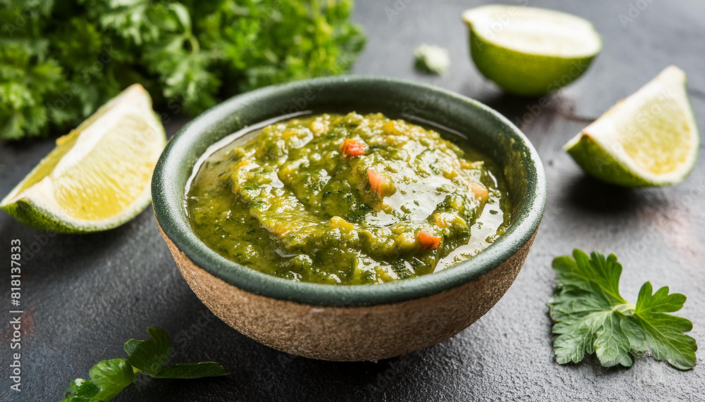 Bowl of delicious green salsa Verde sauce on dark table. Fresh and tasty semi-solid food. Close-up. Bowl of delicious green salsa Verde sauce on dark table. Fresh and tasty semi-solid food. Close-up.