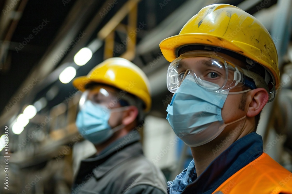 Two workers in industrial uniforms and protective masks standing in a factory setting Two workers in industrial uniforms and protective masks standing in a factory setting