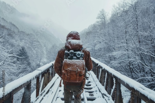 Traveler carrying a camera and backpack walking on a wooden trestle covered with snow photo