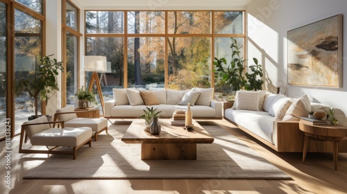 Modern Living Room With Wood Flooring and Large Windows Overlooking Nature