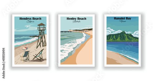 Hanalei Bay, Hawaii, Hendry's Beach, California, Henley Beach, Australia - Set of 3 Vintage Travel Posters. Vector illustration. High Quality Prints