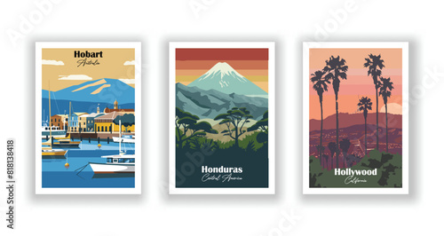 Hobart, Australia, Hollywood, California, Honduras, Central America - Set of 3 Vintage Travel Posters. Vector illustration. High Quality Prints