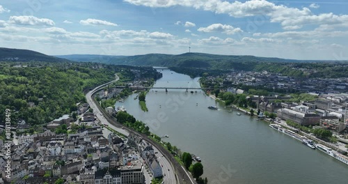 Aerial drone view of the Rhine River and Pfaffendorfer Brucke at Koblenz, Germany. photo