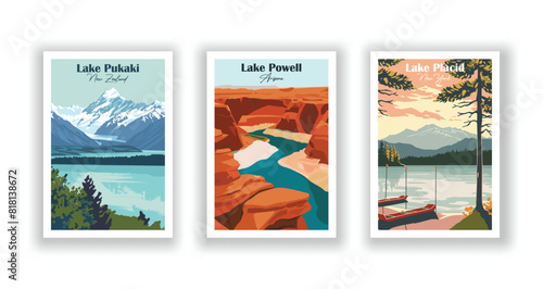 Lake Placid, New York, Lake Powell, Arizona, Lake Pukaki, New Zealand - Set of 3 Vintage Travel Posters. Vector illustration. High Quality Prints