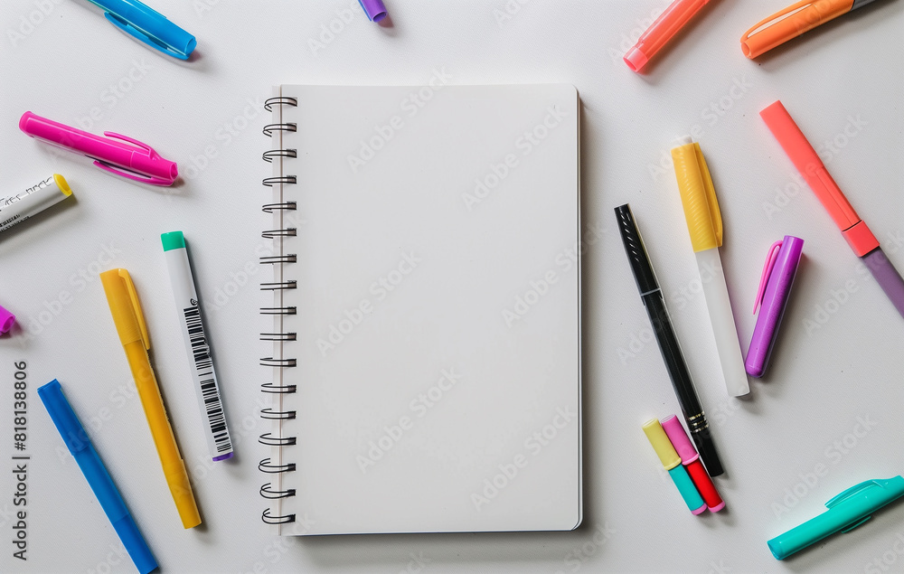 a notebook with blank pages and school accessories scattered around it a notebook with blank pages and school accessories scattered around it