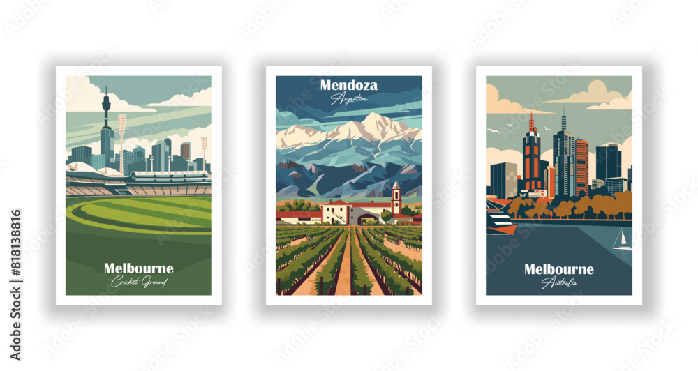 Fototapeta premium Melbourne Cricket Ground, Melbourne, Australia, Mendoza, Argentina - Set of 3 Vintage Travel Posters. Vector illustration. High Quality Prints