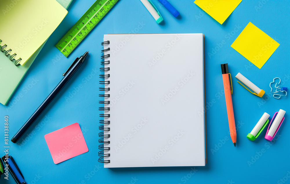 a notebook with blank pages and school accessories scattered around it a notebook with blank pages and school accessories scattered around it