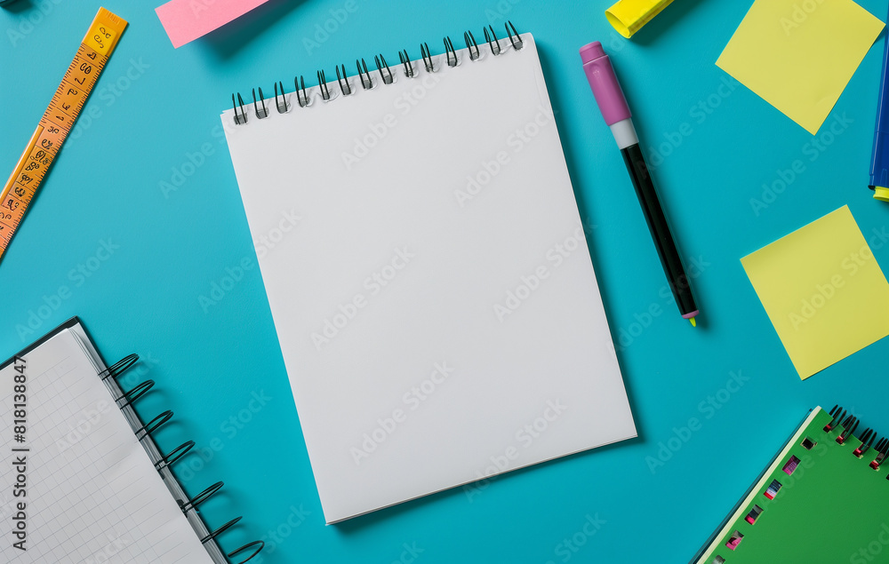 a notebook with blank pages and school accessories scattered around it a notebook with blank pages and school accessories scattered around it