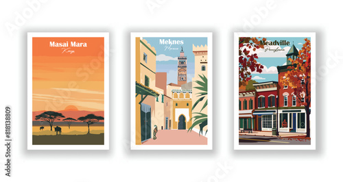 Masai Mara, Kenya, Meadville, Pennsylvania, Meknes, Morocco - Set of 3 Vintage Travel Posters. Vector illustration. High Quality Prints