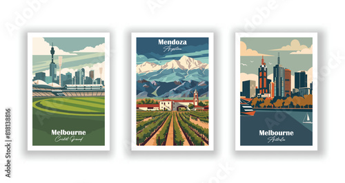 Melbourne Cricket Ground, Melbourne, Australia, Mendoza, Argentina - Set of 3 Vintage Travel Posters. Vector illustration. High Quality Prints