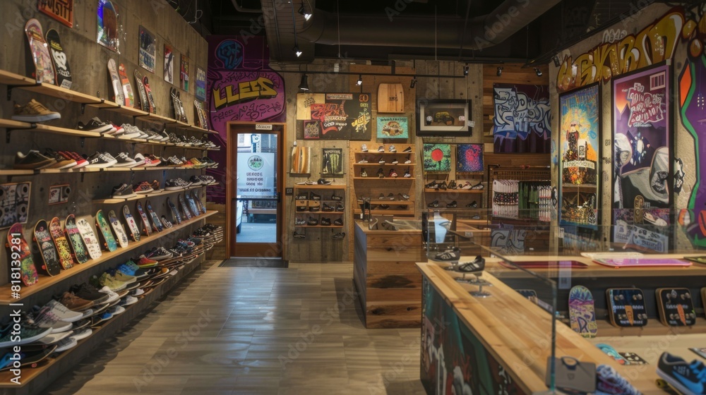 Fototapeta premium A colorful, well-lit skate shop features a wide array of skateboards, shoes, and accessories neatly displayed on wooden shelves and walls.