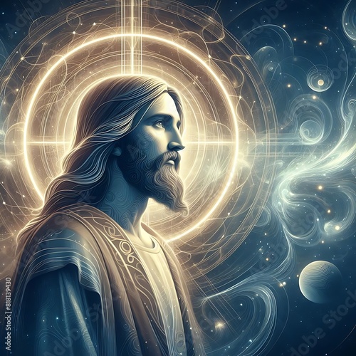 A painting of a Jesus christ with a beard and a light circle art has illustrative realistic art realistic