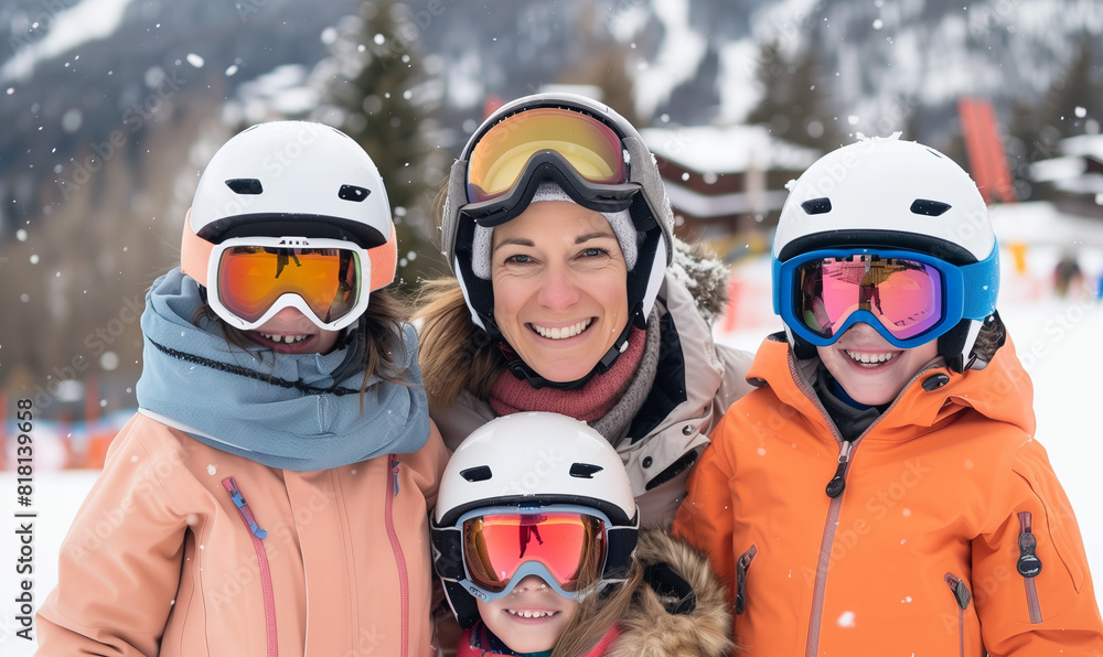 Happy mother and children enjoy time together at ski resort in winter, surrounded by picturesque snow-covered mountains. Happy mother and children enjoy time together at ski resort in winter, surrounded by picturesque snow-covered mountains.