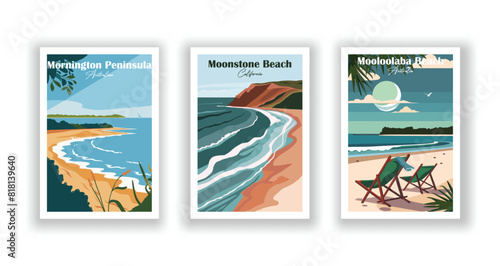 Mooloolaba Beach, Australia, Moonstone Beach, California, Mornington Peninsula, Australian - Set of 3 Vintage Travel Posters. Vector illustration. High Quality Prints