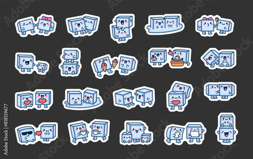 Couple ice cubes funny cartoon characters. Sticker Bookmark. Cute funny friends. Hand drawn style. Vector drawing. Collection of design elements.