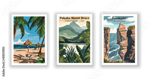 Pukaha Mount Bruce, National Wildlife Centre, Punakaiki Pancake Rocks, Punta Cana, Caribbean - Set of 3 Vintage Travel Posters. Vector illustration. High Quality Prints