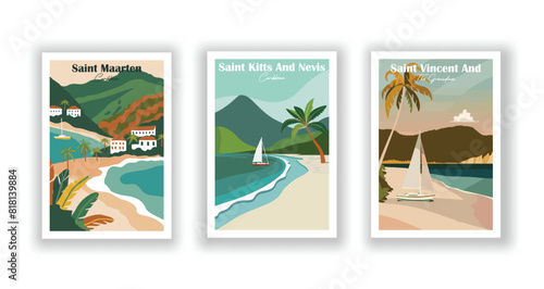 Saint Kitts And Nevis, Caribbean, Saint Maarten, Caribbean, Saint Vincent And The Grenadines - Set of 3 Vintage Travel Posters. Vector illustration. High Quality Prints